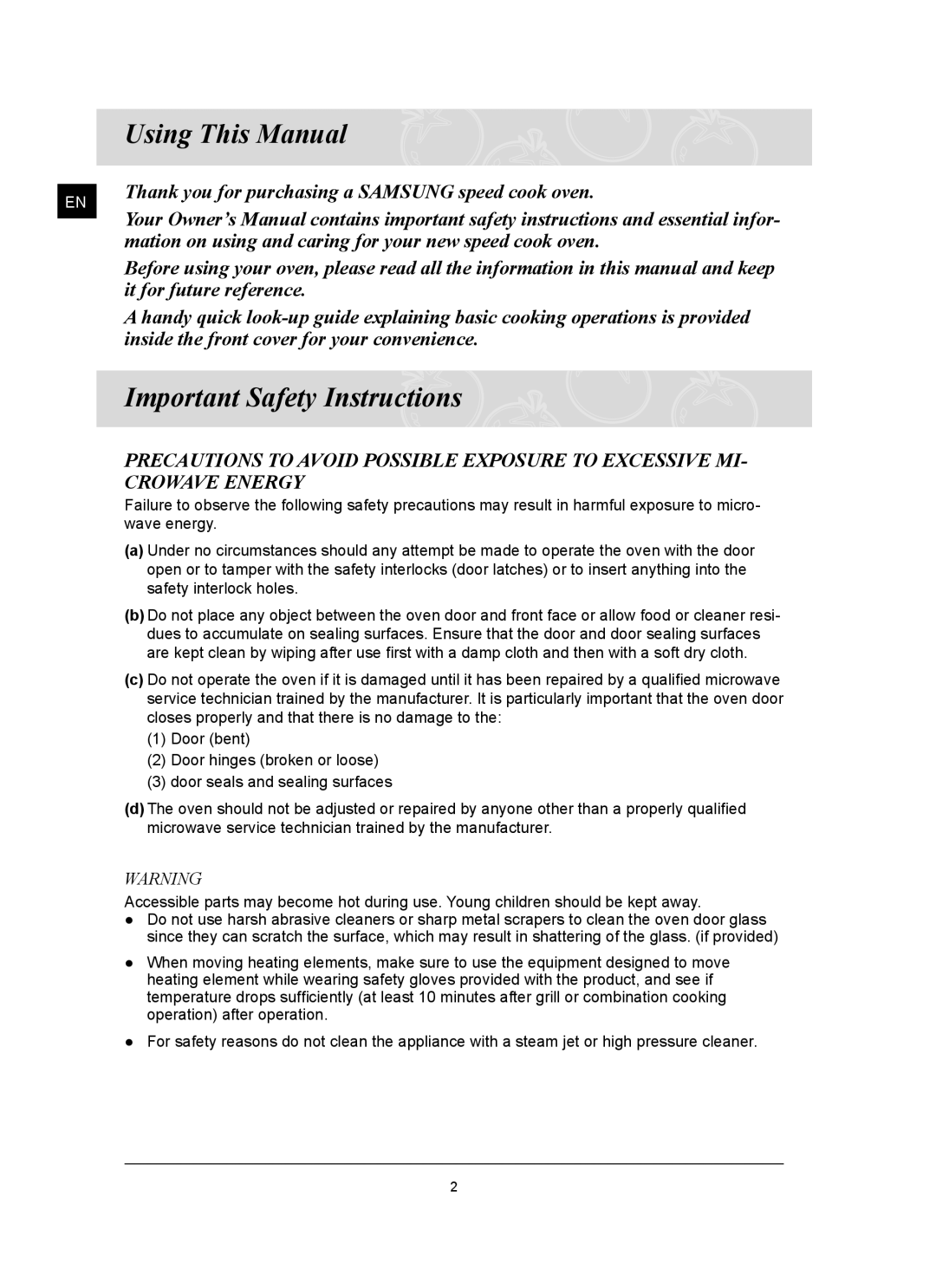 Samsung FQ159UST Using This Manual, Important Safety Instructions, Thank you for purchasing a SAMSUNG speed cook oven 