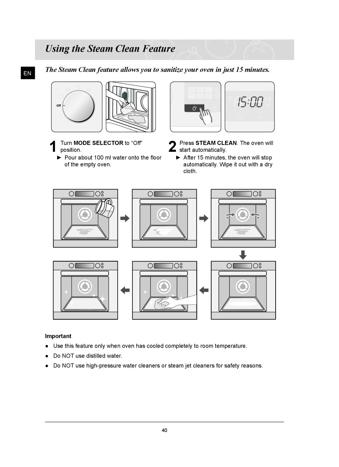 Samsung FQ159UST, FQ159ST owner manual Using the Steam Clean Feature, Turn MODE SELECTOR to “Off” position 