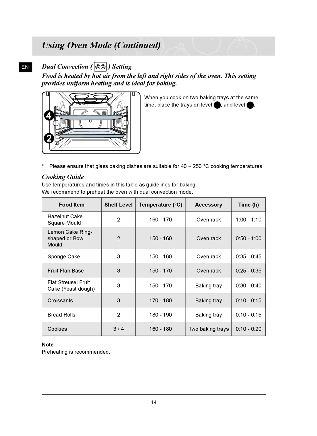 Samsung FQ159UST/ELE manual Cooking Guide, Food Item Shelf Level, Accessory Time h 