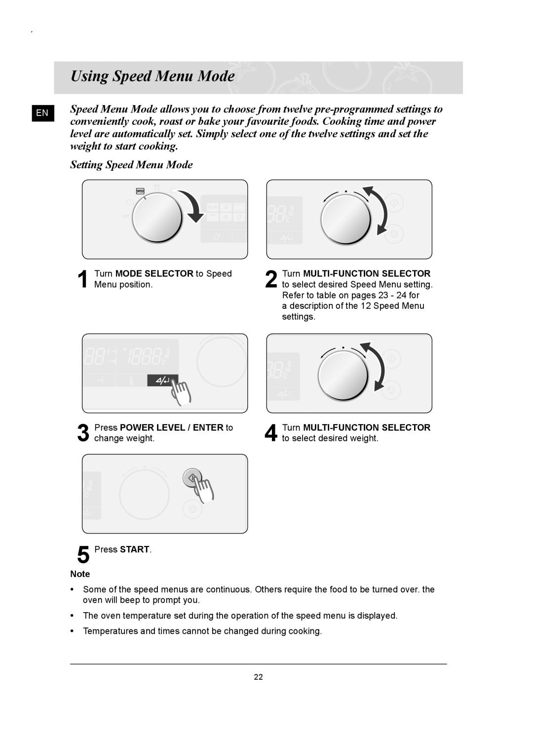 Samsung FQ159UST/ELE manual Using Speed Menu Mode, Weight to start cooking, Setting Speed Menu Mode 