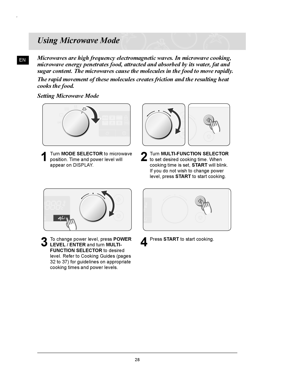 Samsung FQ159UST/ELE manual Using Microwave Mode, Cooks the food, Setting Microwave Mode 