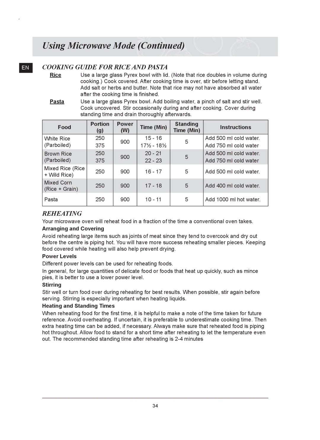 Samsung FQ159UST/ELE Food Portion Power Time Min Standing Instructions, Arranging and Covering, Power Levels, Stirring 