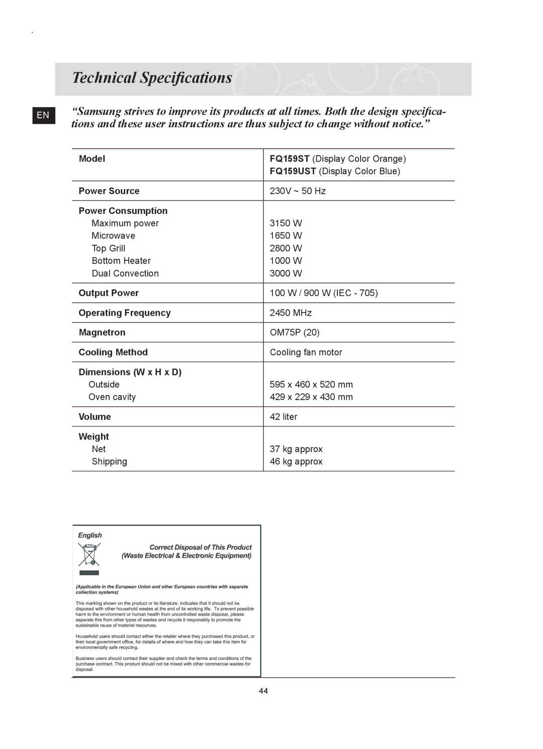 Samsung FQ159UST/ELE manual Technical Speciﬁcations 