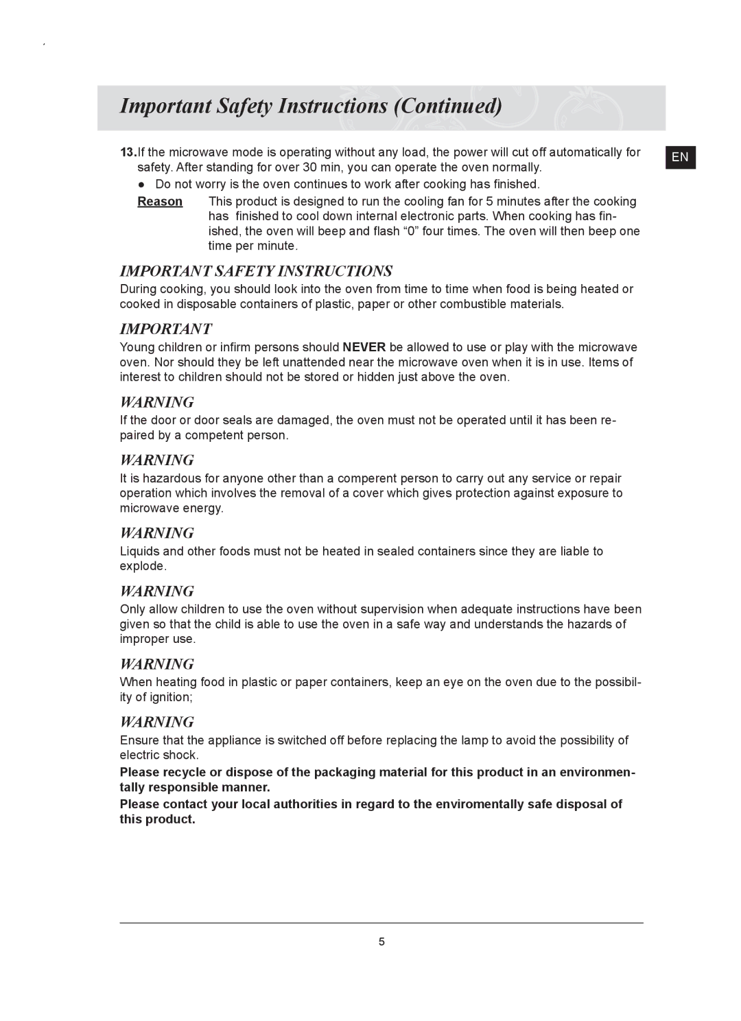 Samsung FQ159UST/ELE manual Important Safety Instructions 