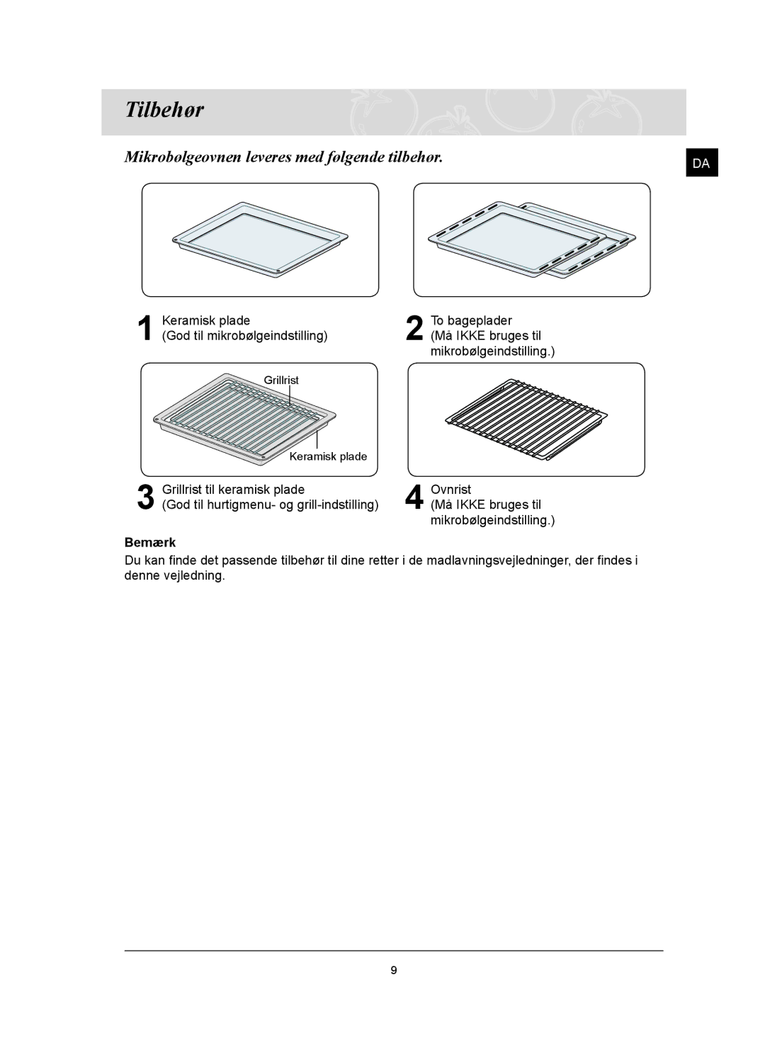 Samsung FQ159UST/XEE manual Tilbehør, Mikrobølgeovnen leveres med følgende tilbehør 