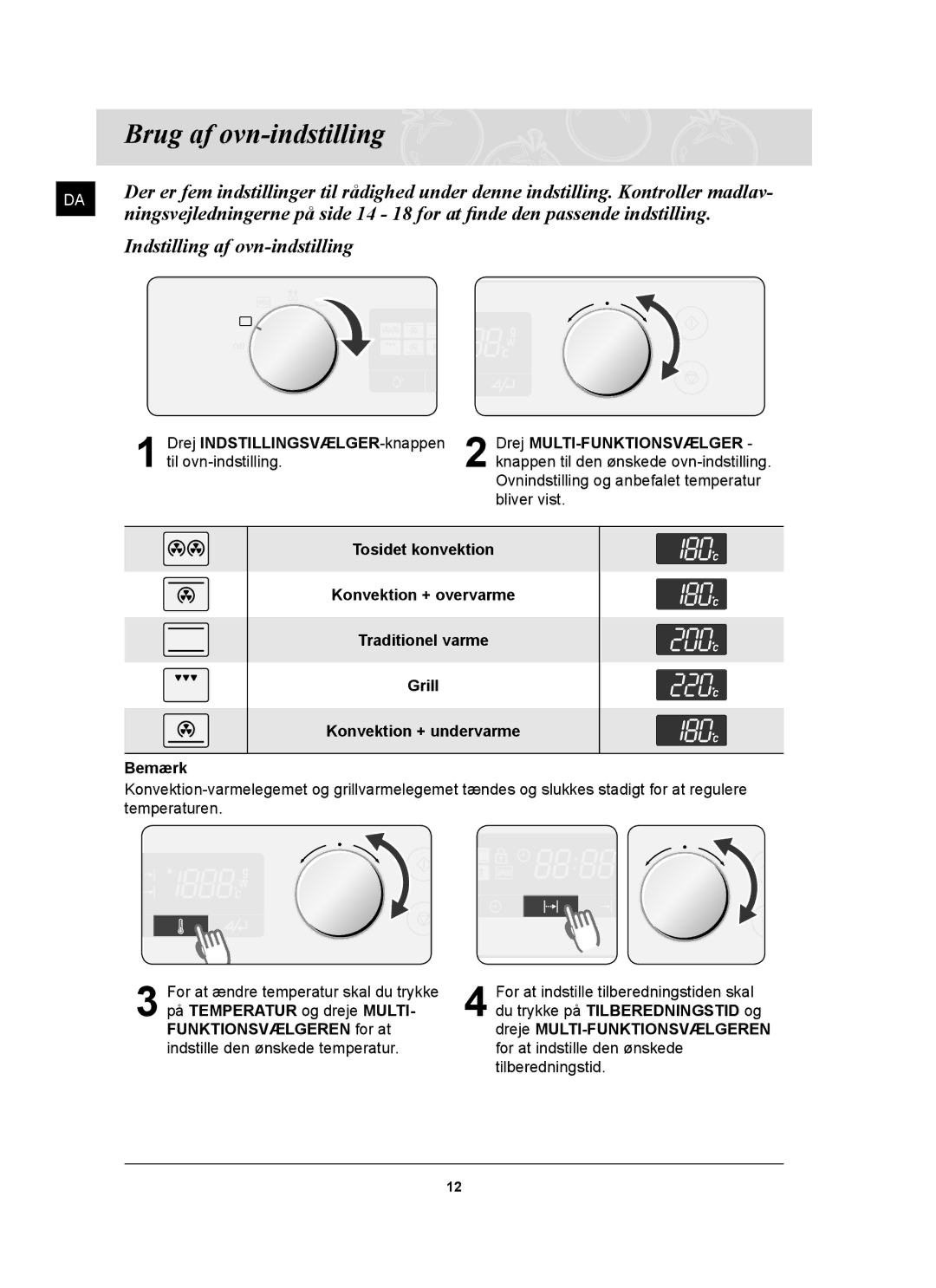 Samsung FQ159UST/XEE manual Brug af ovn-indstilling, Indstilling af ovn-indstilling 