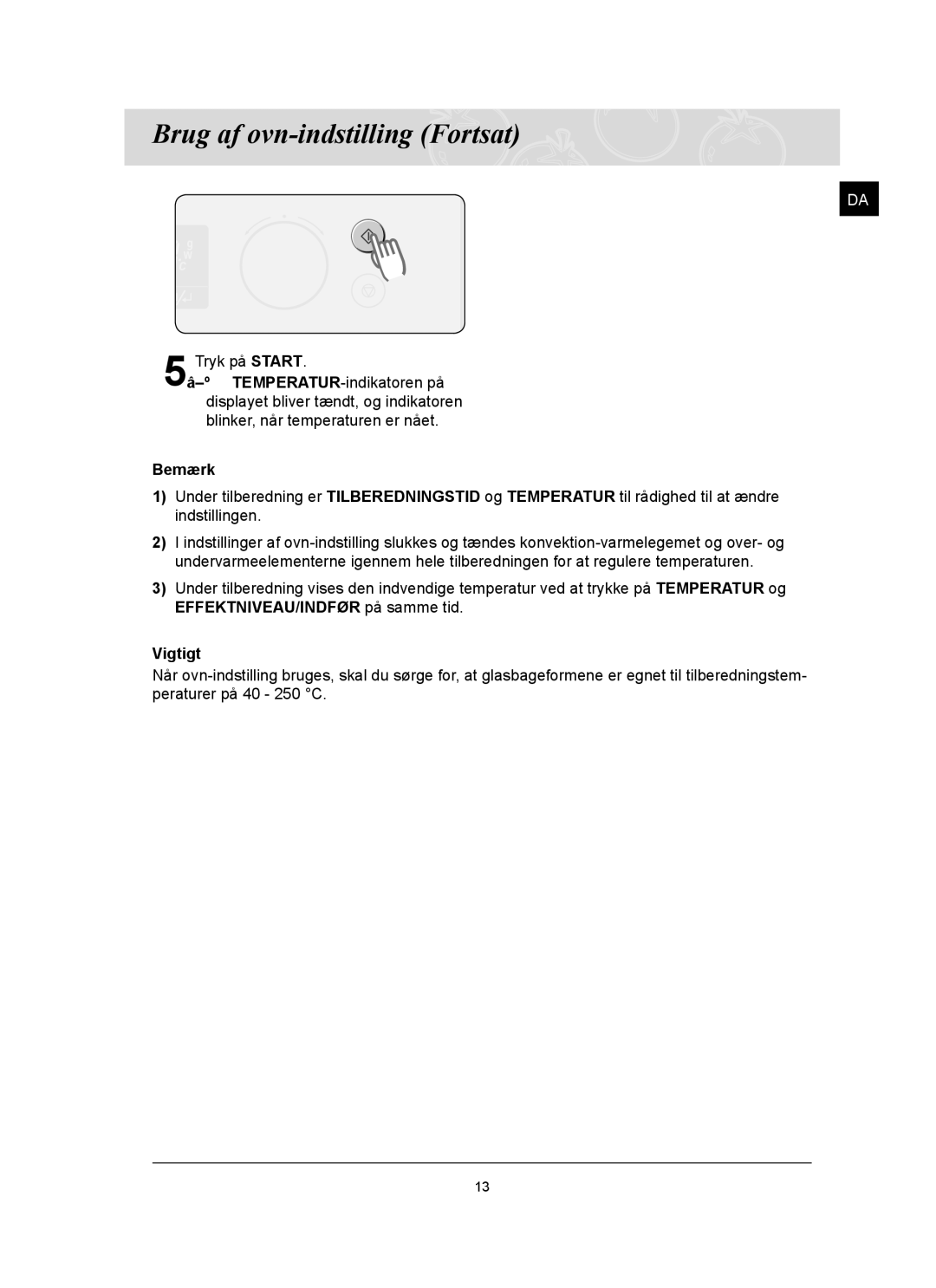 Samsung FQ159UST/XEE manual Brug af ovn-indstilling Fortsat, Vigtigt 