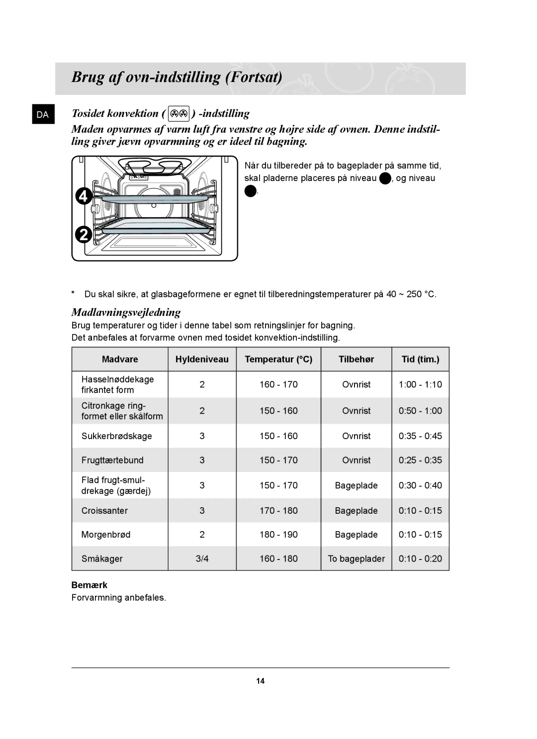 Samsung FQ159UST/XEE manual Madlavningsvejledning, Madvare Hyldeniveau Temperatur C Tilbehør Tid tim 