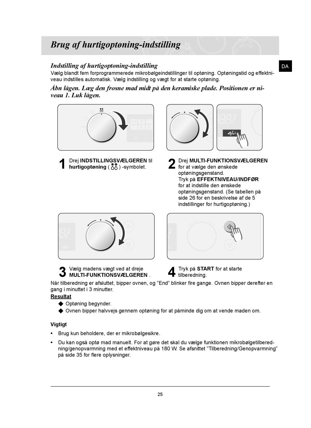 Samsung FQ159UST/XEE manual Brug af hurtigoptøning-indstilling, Indstilling af hurtigoptøning-indstilling, Resultat 