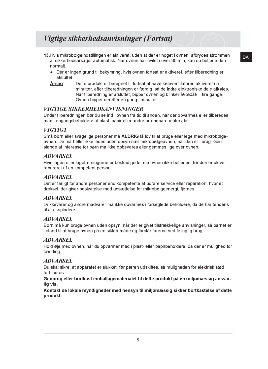 Samsung FQ159UST/XEE manual Vigtige Sikkerhedsanvisninger 