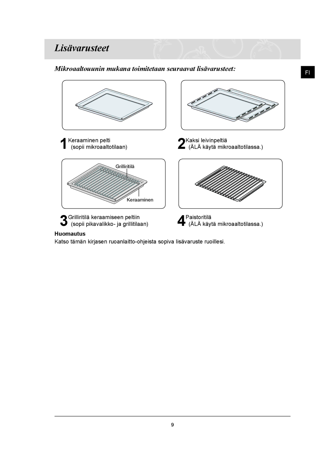 Samsung FQ159UST/XEE manual Lisävarusteet, Huomautus 