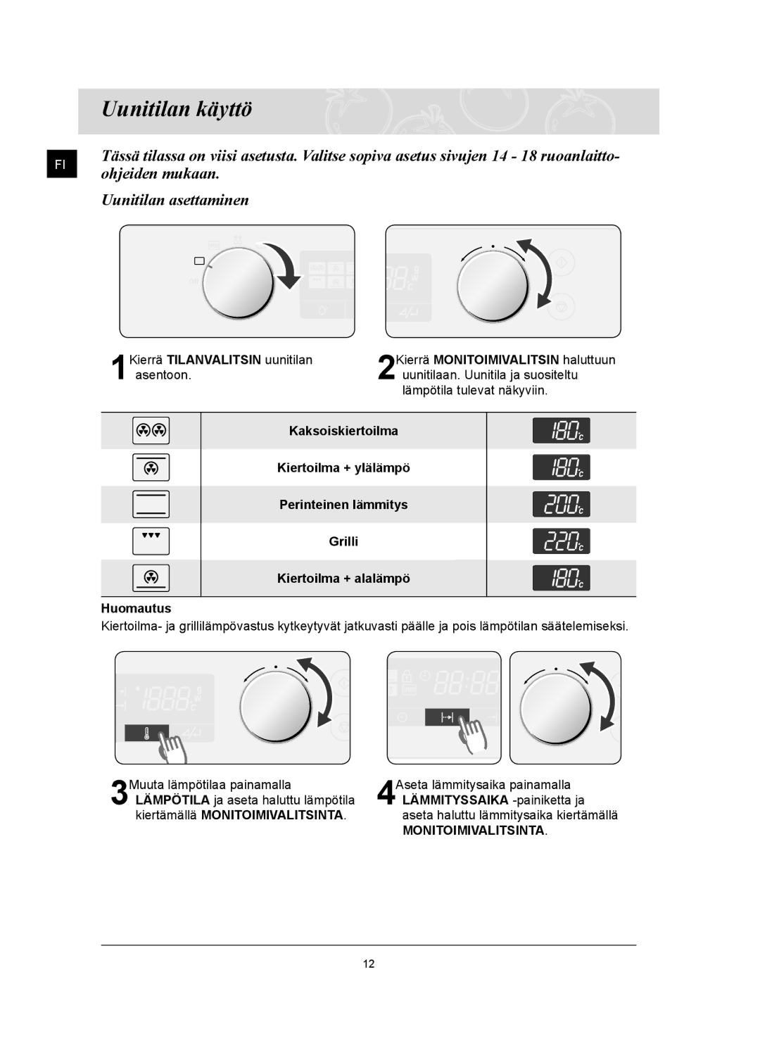 Samsung FQ159UST/XEE manual Uunitilan käyttö, Ohjeiden mukaan, Uunitilan asettaminen 