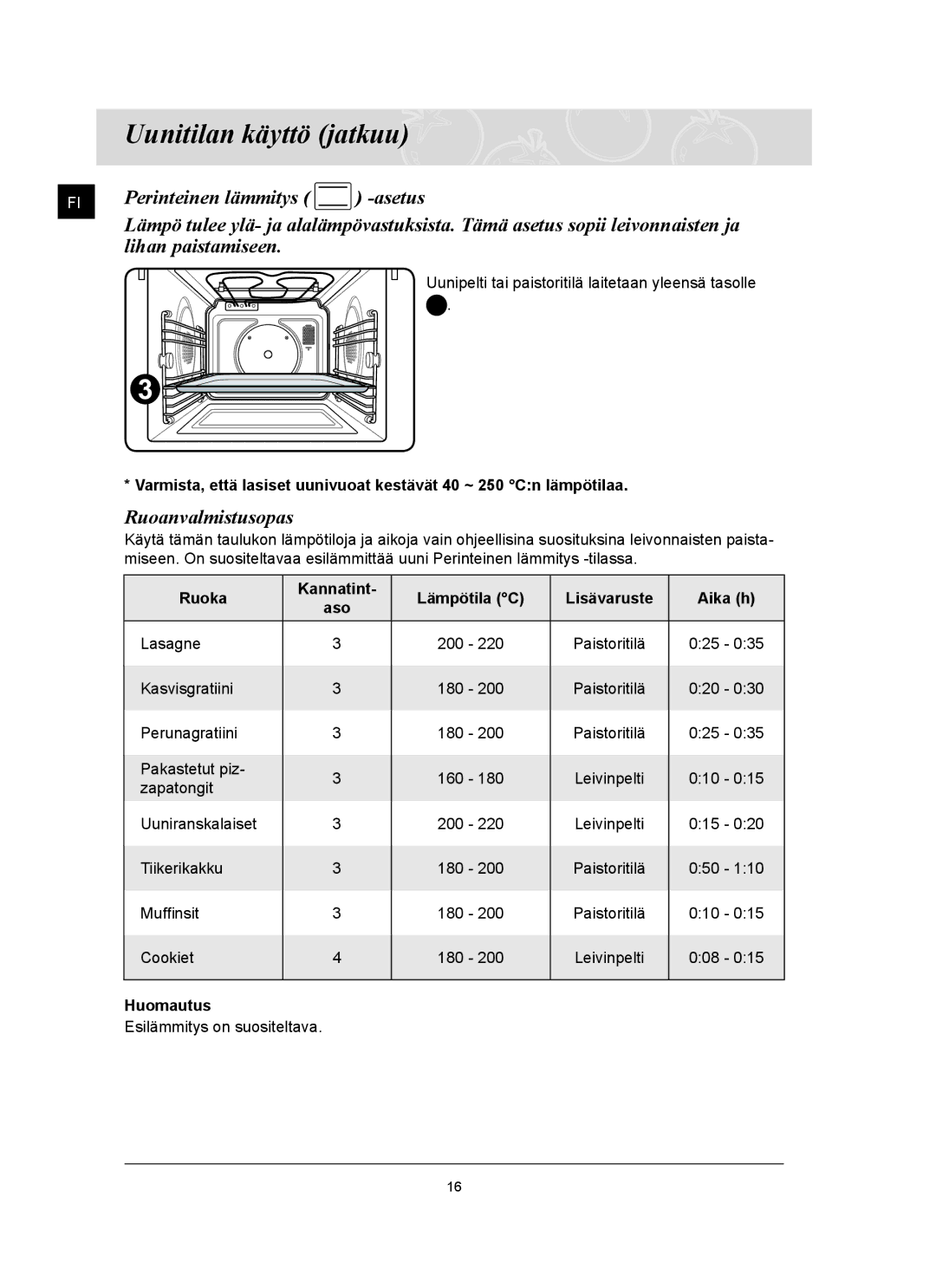 Samsung FQ159UST/XEE manual Uunipelti tai paistoritilä laitetaan yleensä tasolle 