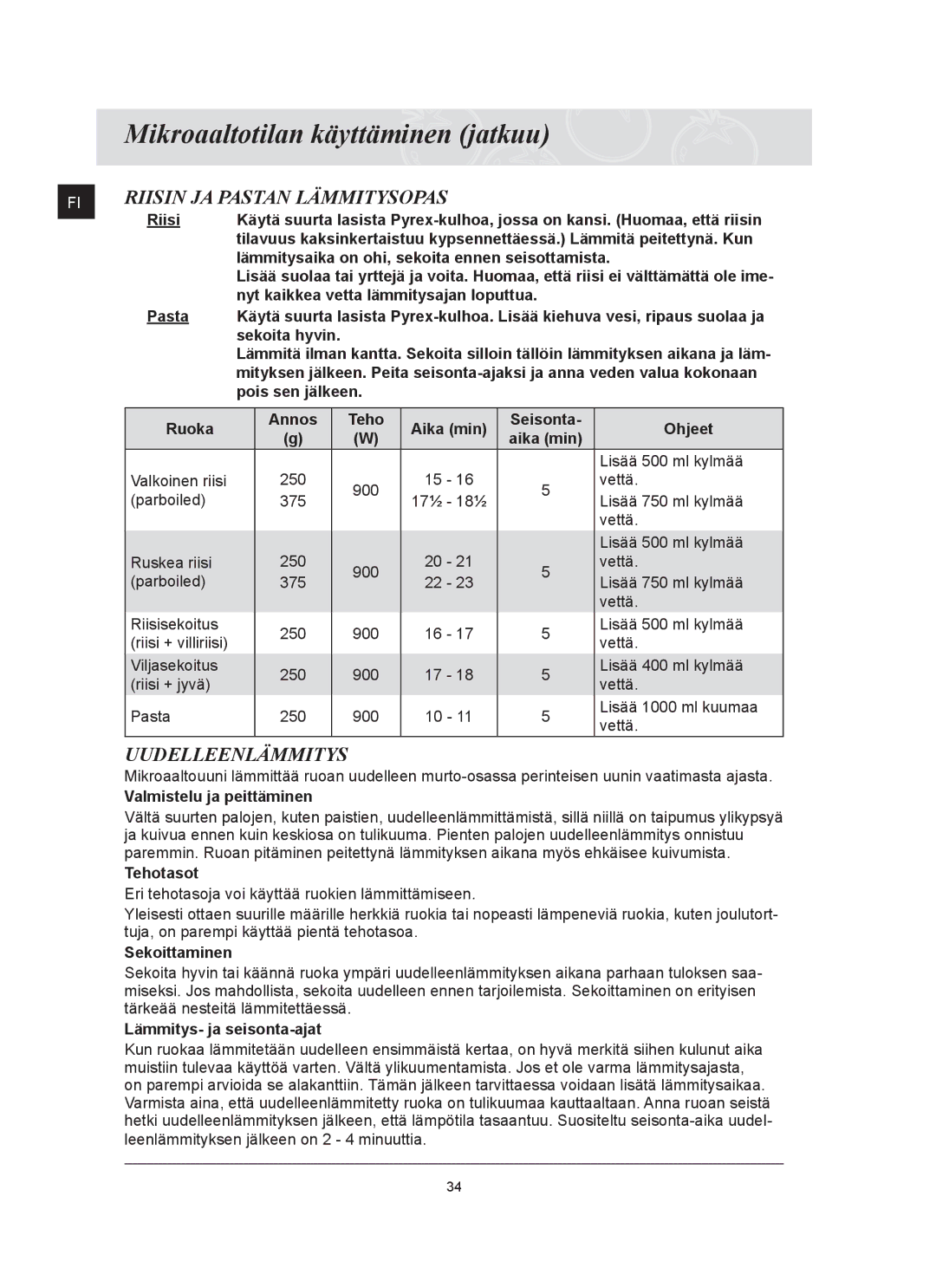 Samsung FQ159UST/XEE manual Riisi, Lämmitysaika on ohi, sekoita ennen seisottamista, Pois sen jälkeen Ruoka, Tehotasot 