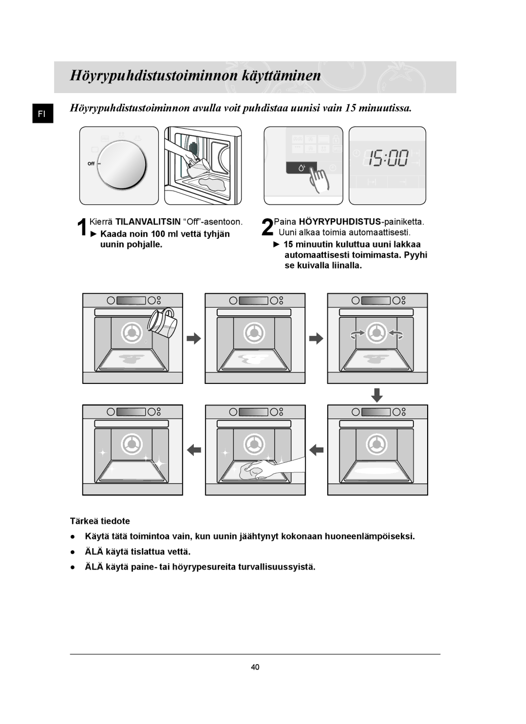 Samsung FQ159UST/XEE manual Höyrypuhdistustoiminnon käyttäminen, Kaada noin 100 ml vettä tyhjän uunin pohjalle 