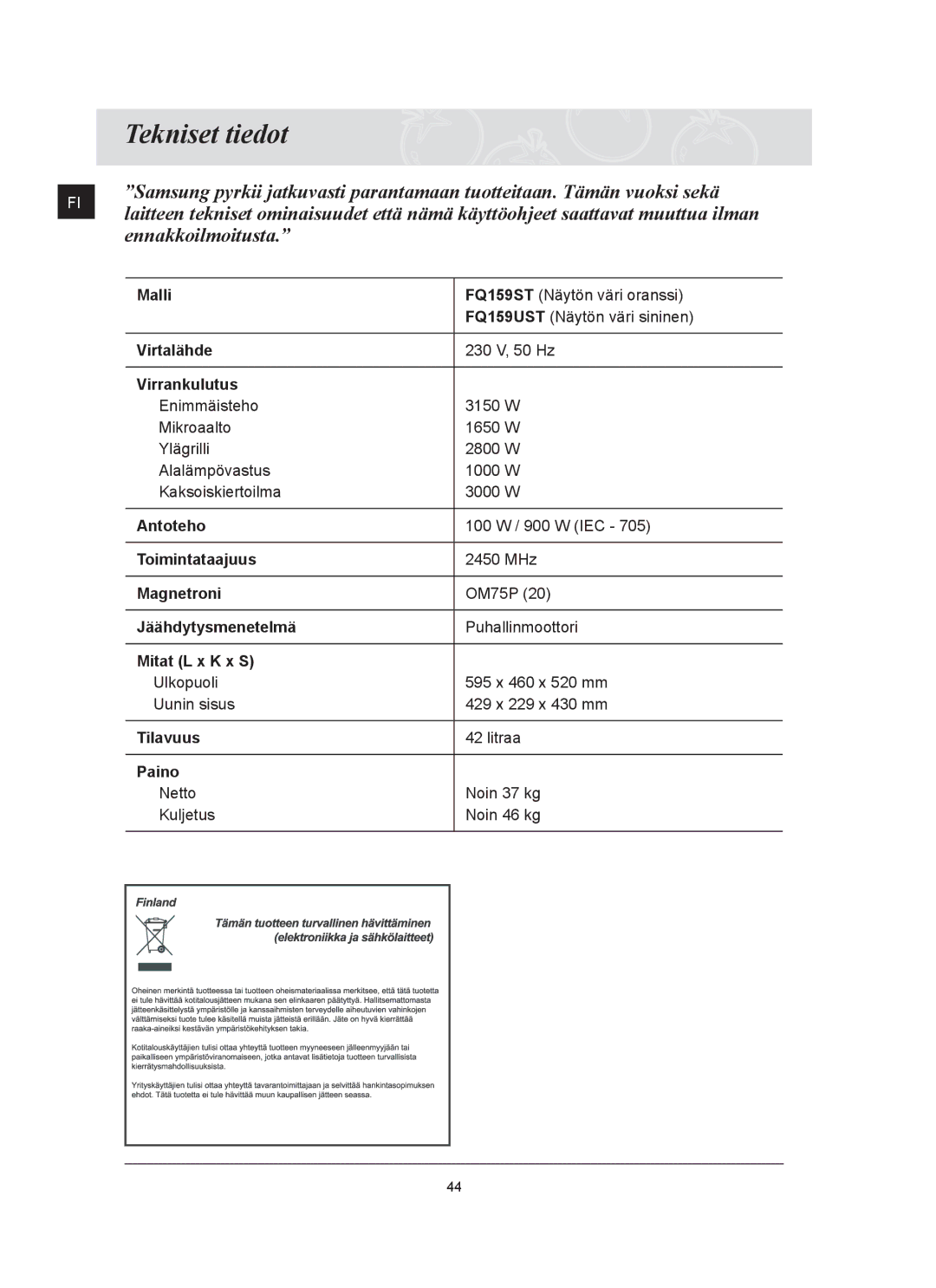 Samsung FQ159UST/XEE manual Tekniset tiedot, Ennakkoilmoitusta 