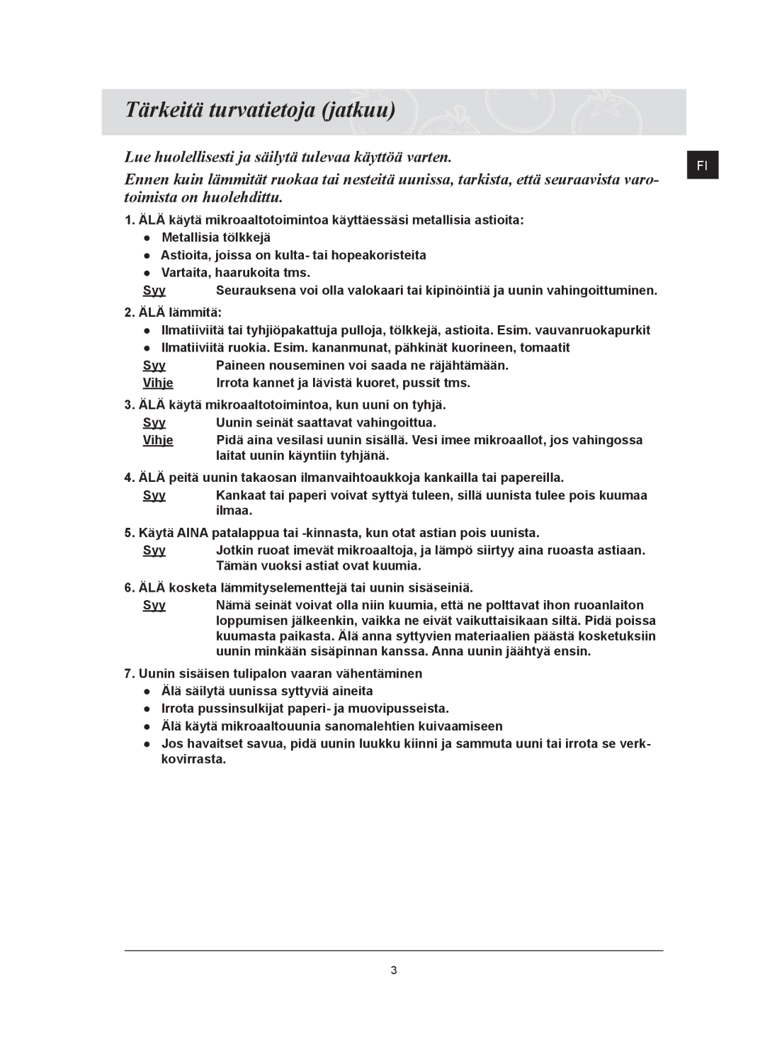 Samsung FQ159UST/XEE manual Tärkeitä turvatietoja jatkuu 