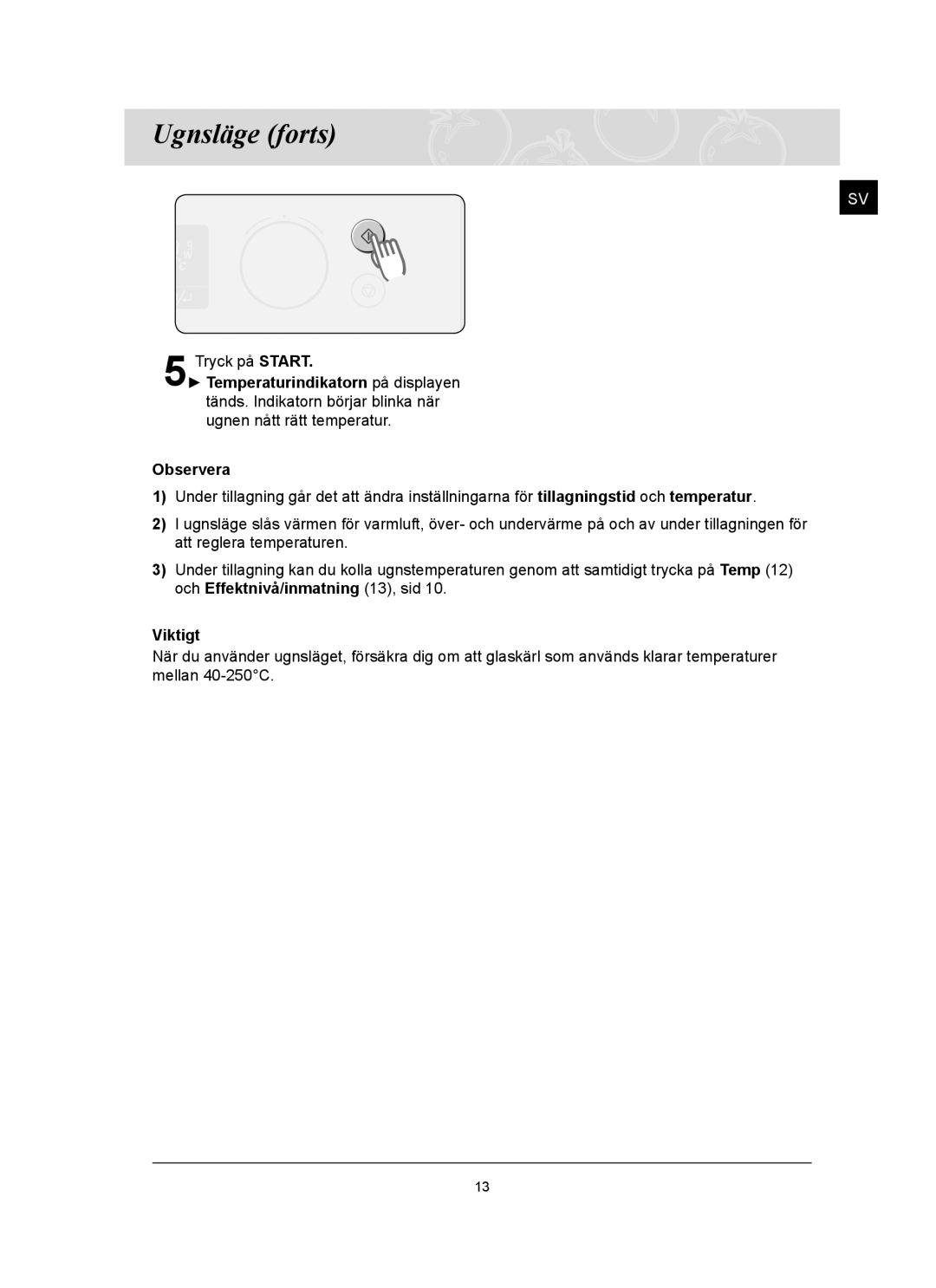 Samsung FQ159UST/XEE manual Ugnsläge forts, Viktigt 