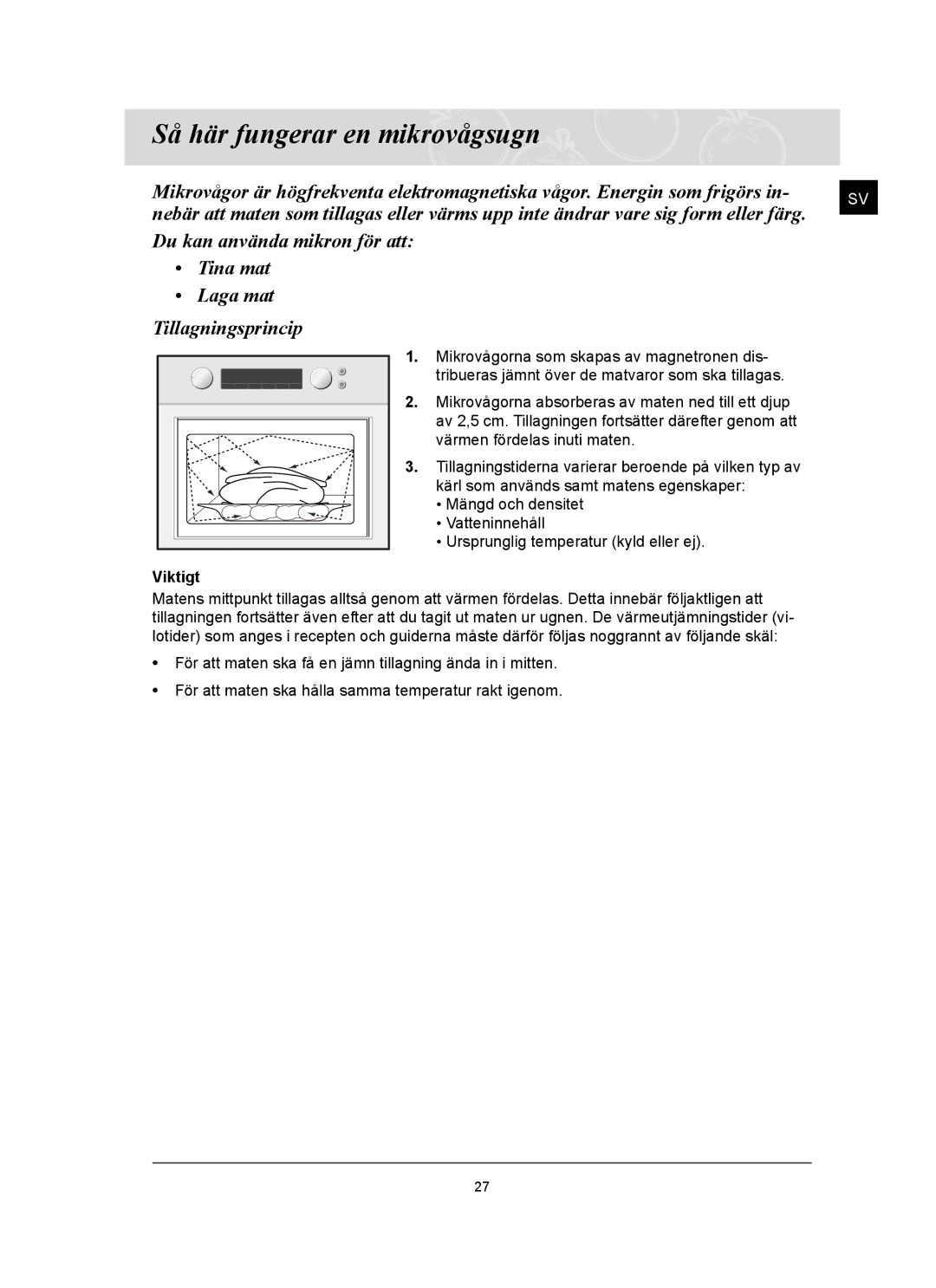 Samsung FQ159UST/XEE manual Så här fungerar en mikrovågsugn, Tillagningsprincip 