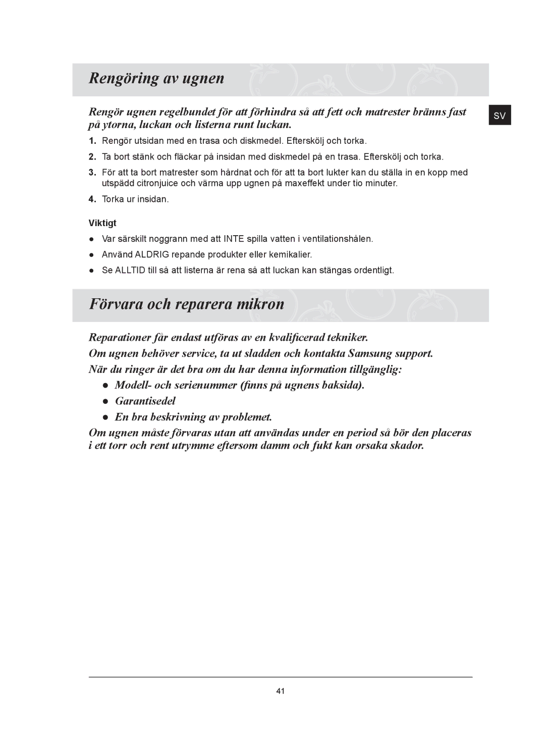 Samsung FQ159UST/XEE manual Rengöring av ugnen, Förvara och reparera mikron 