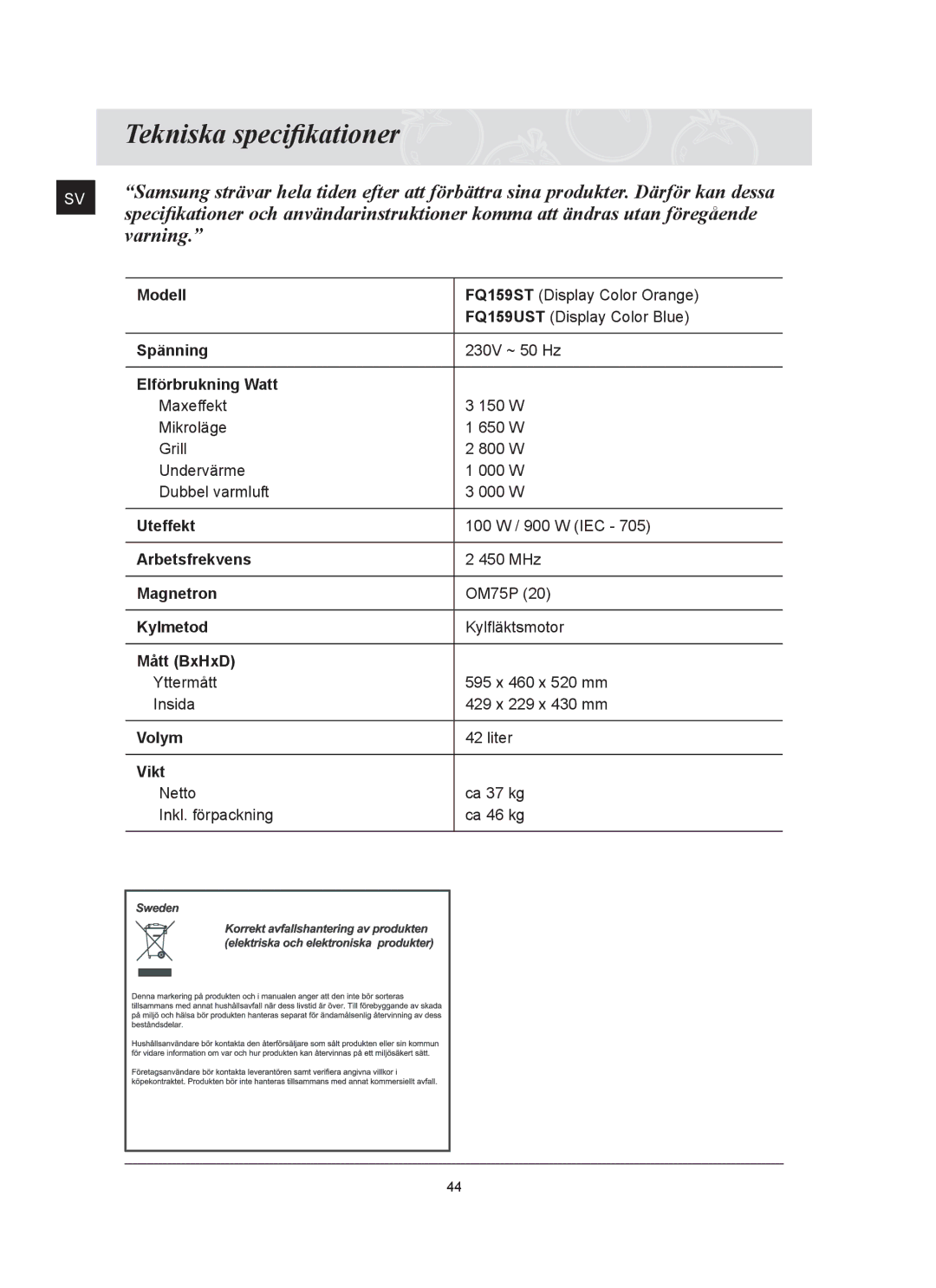 Samsung FQ159UST/XEE manual Tekniska speciﬁkationer, Varning 