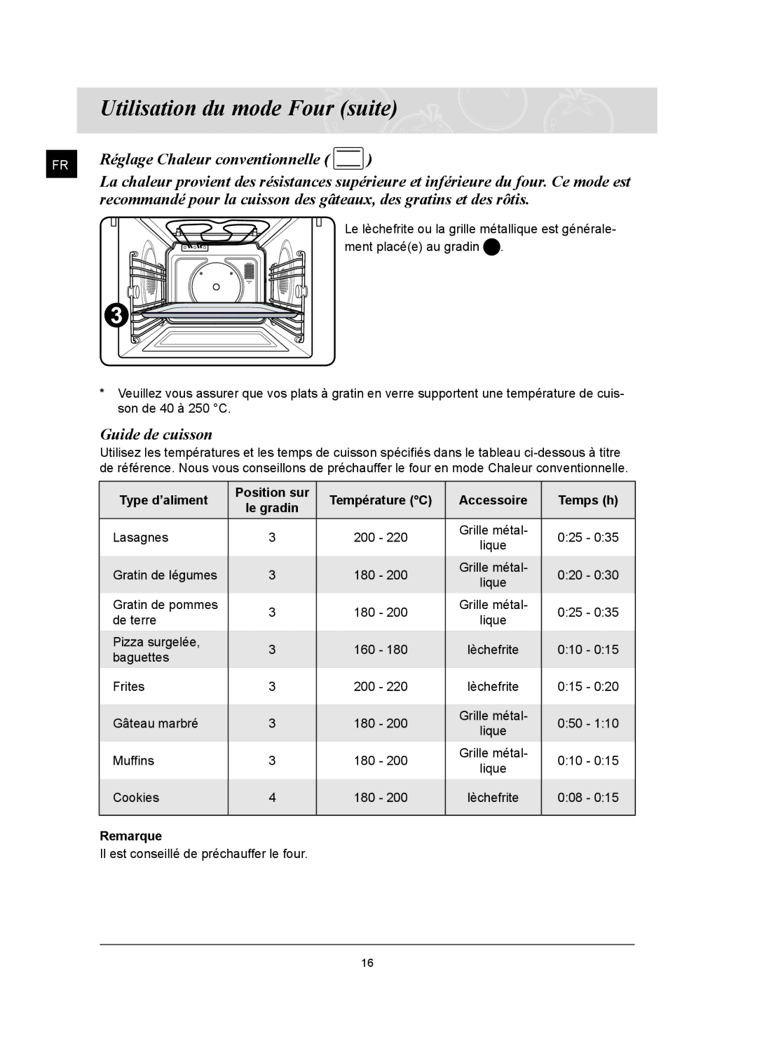 Samsung FQ159UST/XEF manual Type d’aliment Position sur Température C Accessoire Temps h 