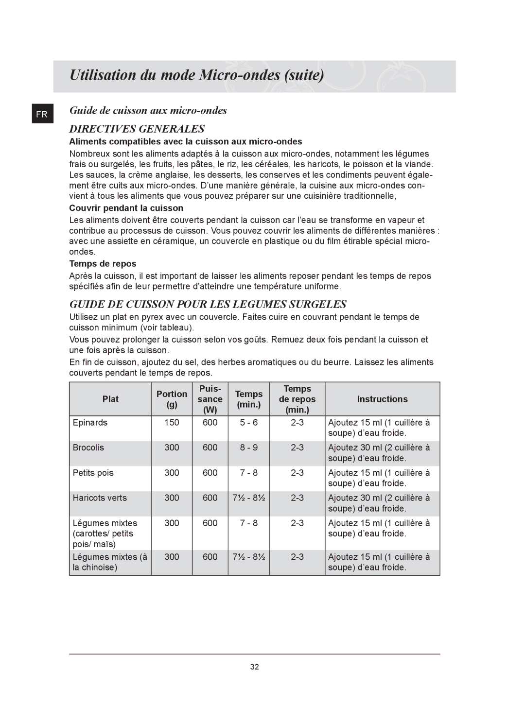 Samsung FQ159UST/XEF Guide de cuisson aux micro-ondes, Directives Generales, Guide DE Cuisson Pour LES Legumes Surgeles 