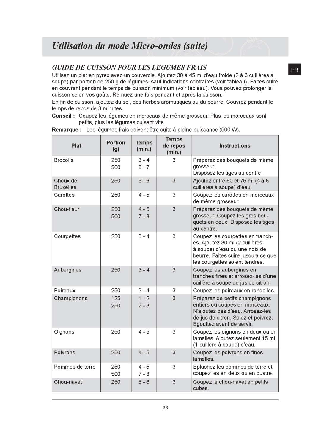 Samsung FQ159UST/XEF manual Guide DE Cuisson Pour LES Legumes Frais 