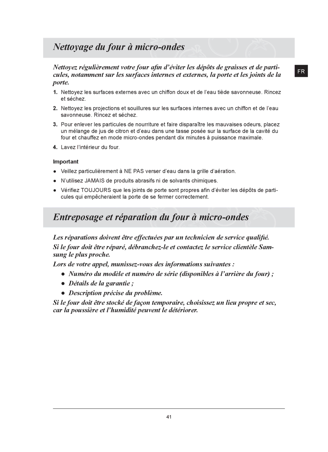 Samsung FQ159UST/XEF manual Nettoyage du four à micro-ondes, Entreposage et réparation du four à micro-ondes 