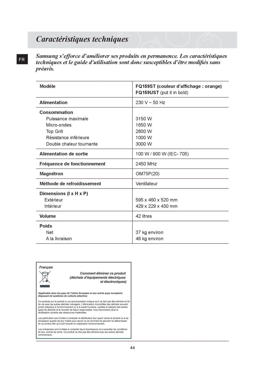 Samsung FQ159UST/XEF manual Caractéristiques techniques 