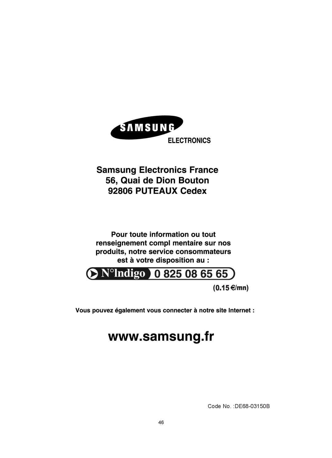 Samsung FQ159UST/XEF manual Code No. DE68-03150B 