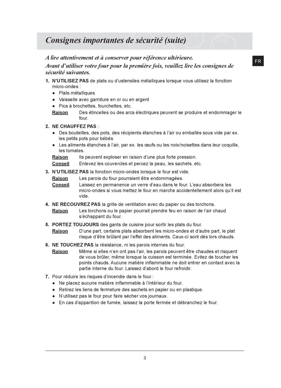 Samsung FQ159UST/XEF manual Consignes importantes de sécurité suite, NE Chauffez PAS 