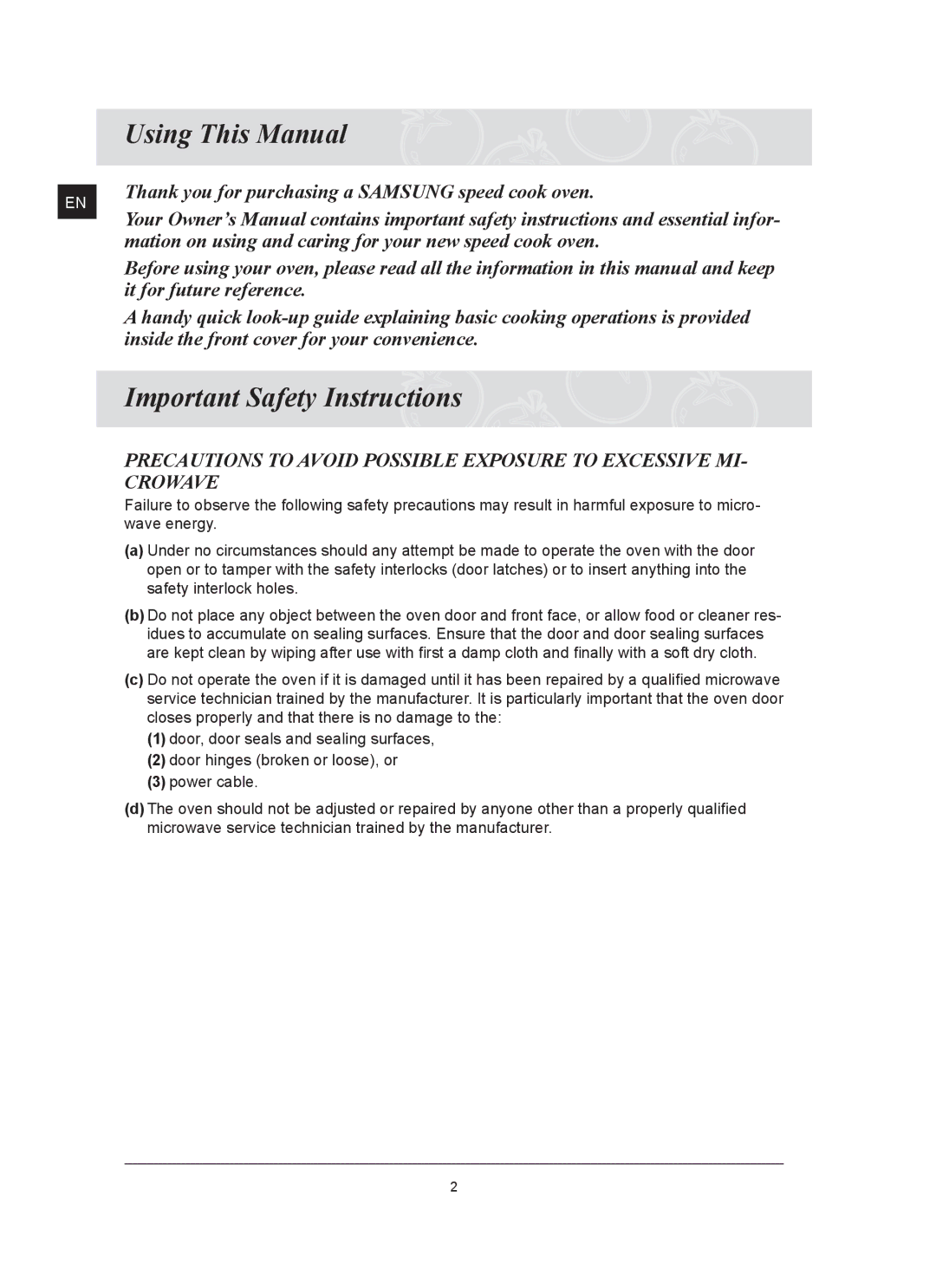 Samsung FQ159UST/XET Using This Manual, Important Safety Instructions, Thank you for purchasing a Samsung speed cook oven 