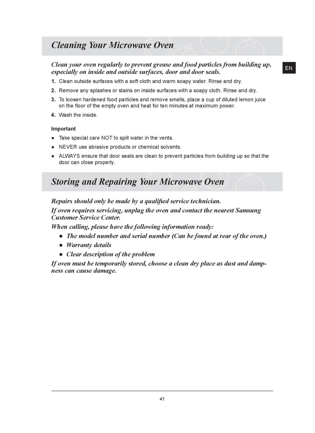 Samsung FQ159UST/XET, FQ159UST/XEG, FQ159UST/XEE Cleaning Your Microwave Oven, Storing and Repairing Your Microwave Oven 