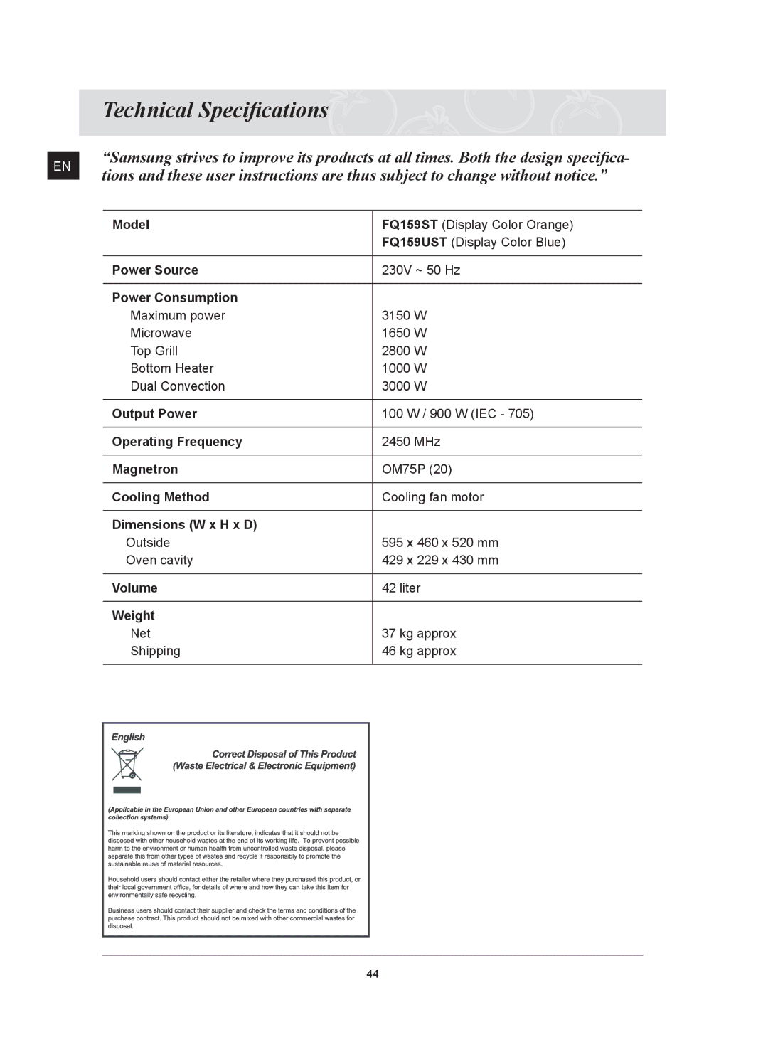 Samsung FQ159UST/XET, FQ159UST/XEG, FQ159UST/XEE manual Technical Speciﬁcations 