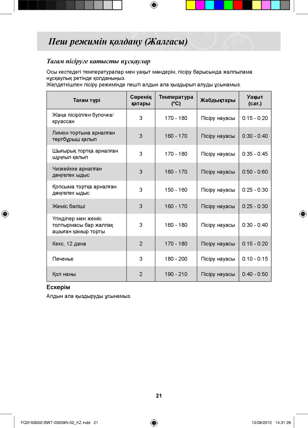 Samsung FQ115S003/BWT, FQ315S002/BWT manual Тағам пісіруге катысты нұсқаулар, Тағам түрі 