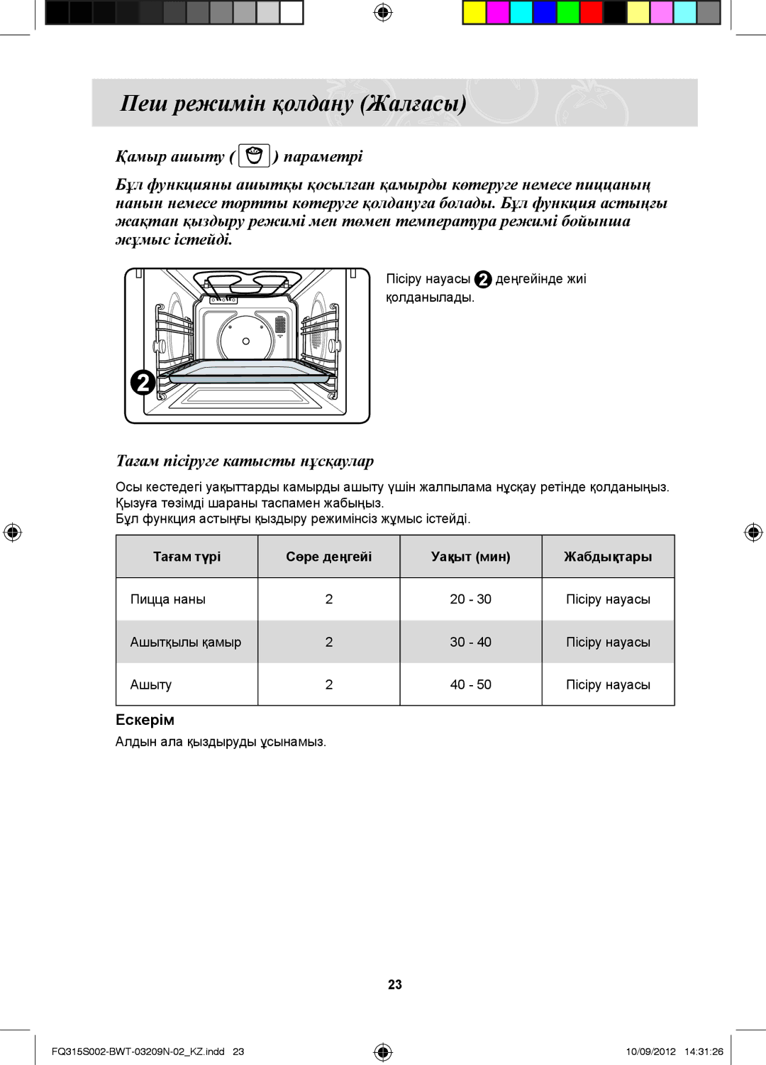 Samsung FQ115S003/BWT manual Пісіру науасы деңгейінде жиі қолданылады, Тағам түрі Сөре деңгейі Уақыт мин Жабдықтары 