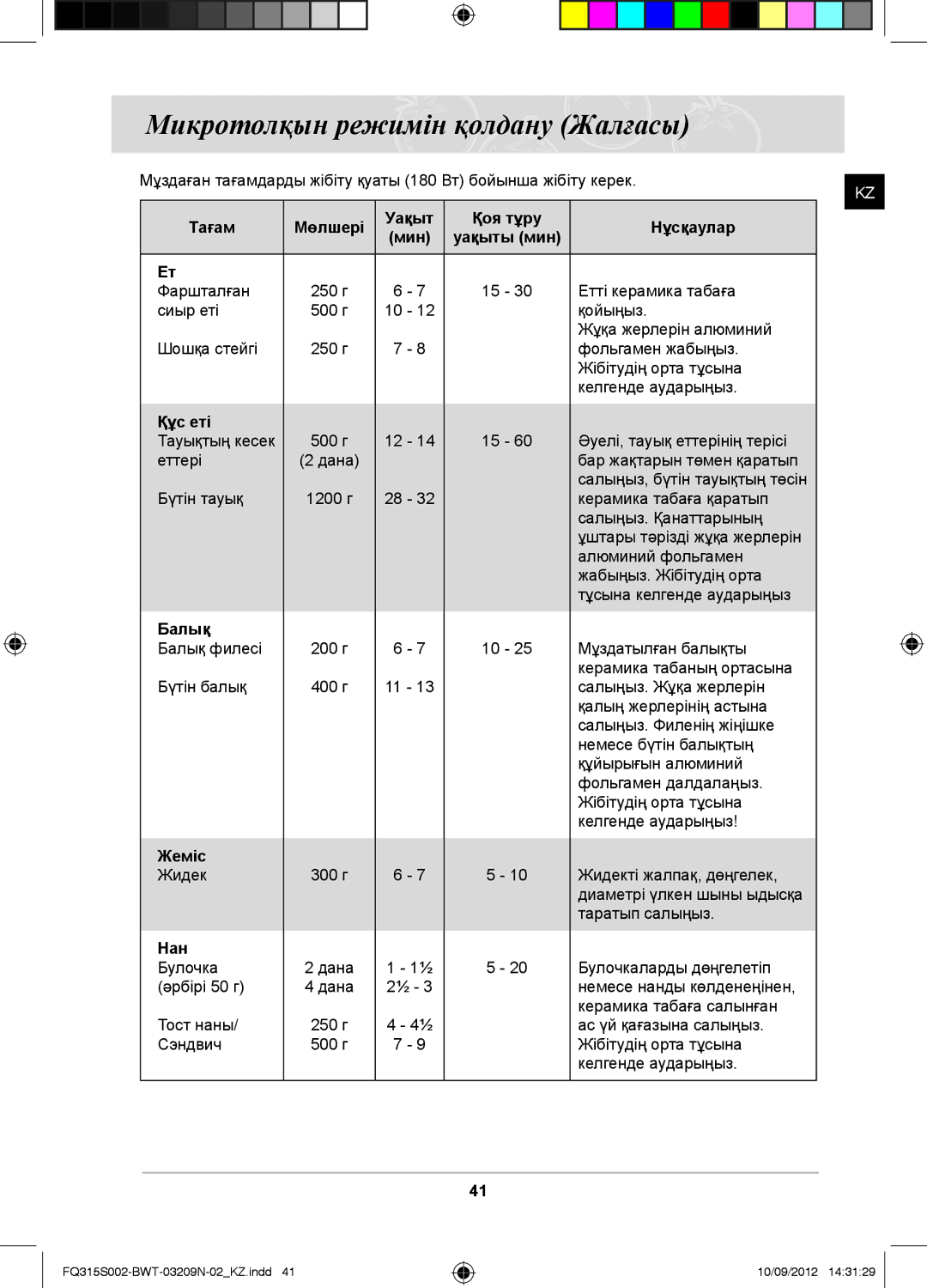 Samsung FQ115S003/BWT, FQ315S002/BWT manual Тағам Мөлшері Уақыт Қоя тұру Нұсқаулар, Құс еті, Балық, Жеміс, Нан 