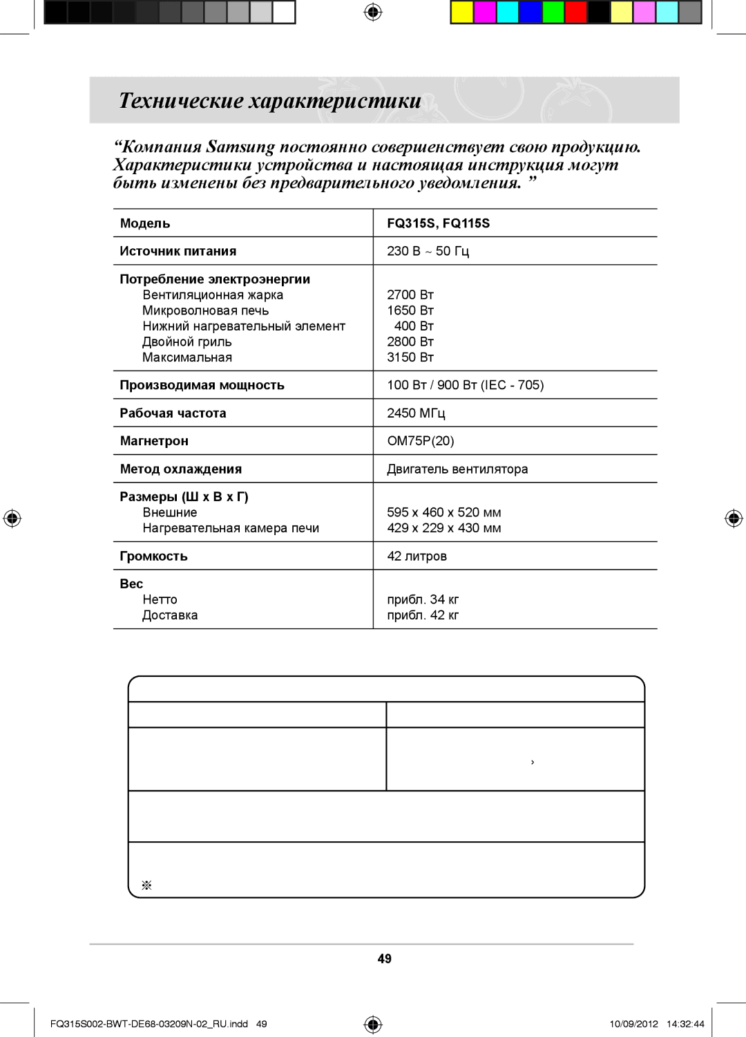 Samsung FQ115S003/BWT, FQ315S002/BWT manual Технические характеристики 