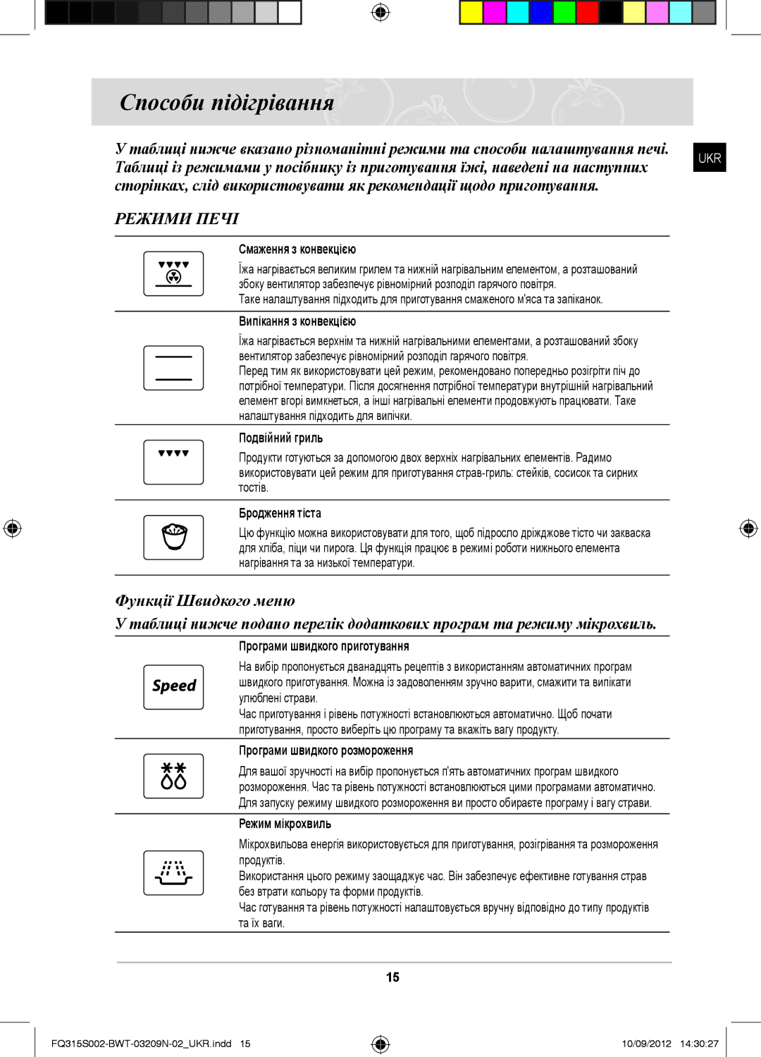 Samsung FQ115S003/BWT, FQ315S002/BWT manual Способи підігрівання, Режими Печі 