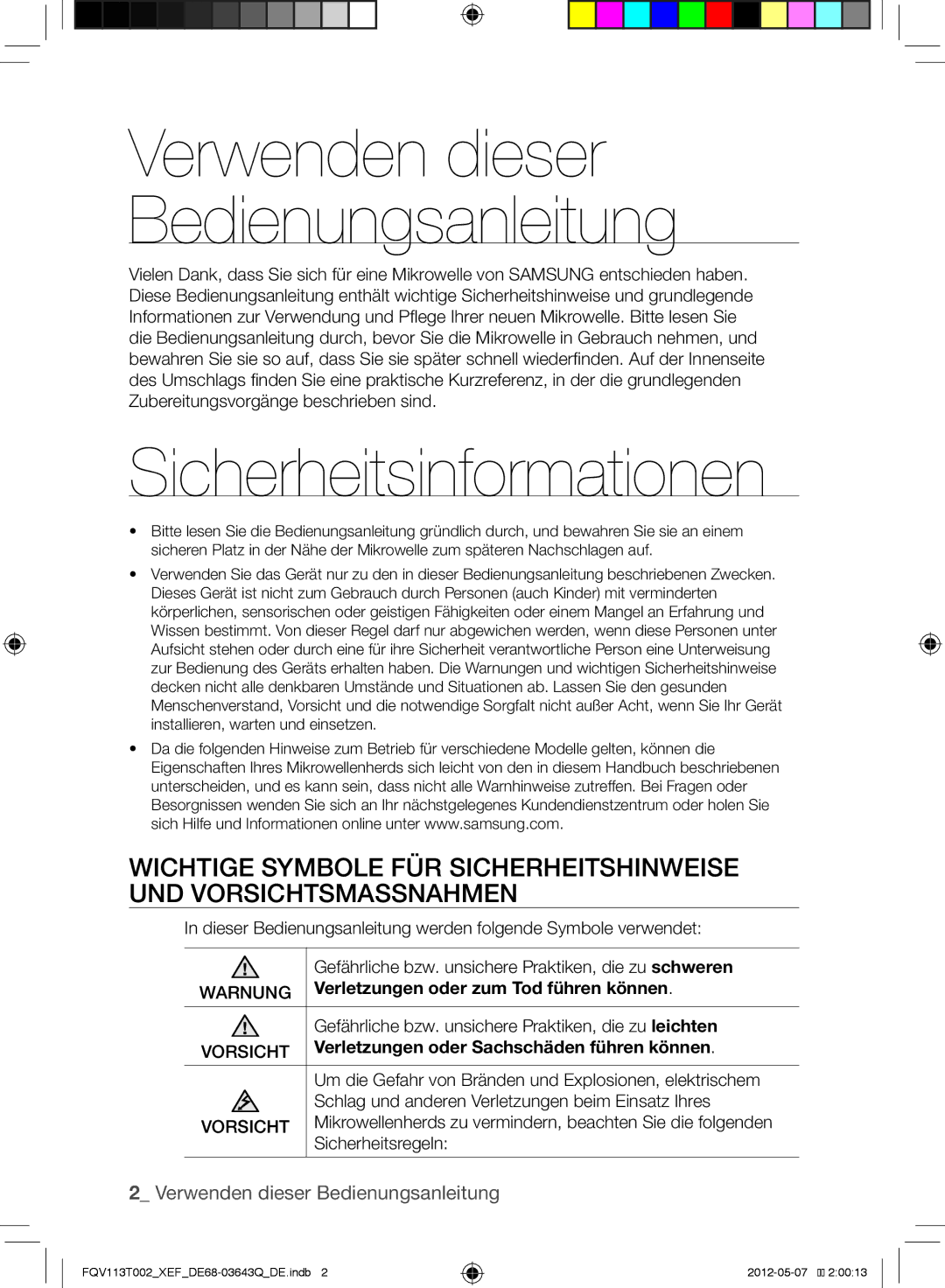 Samsung FQV113T002/XEF manual Sicherheitsinformationen, Verwenden dieser Bedienungsanleitung 