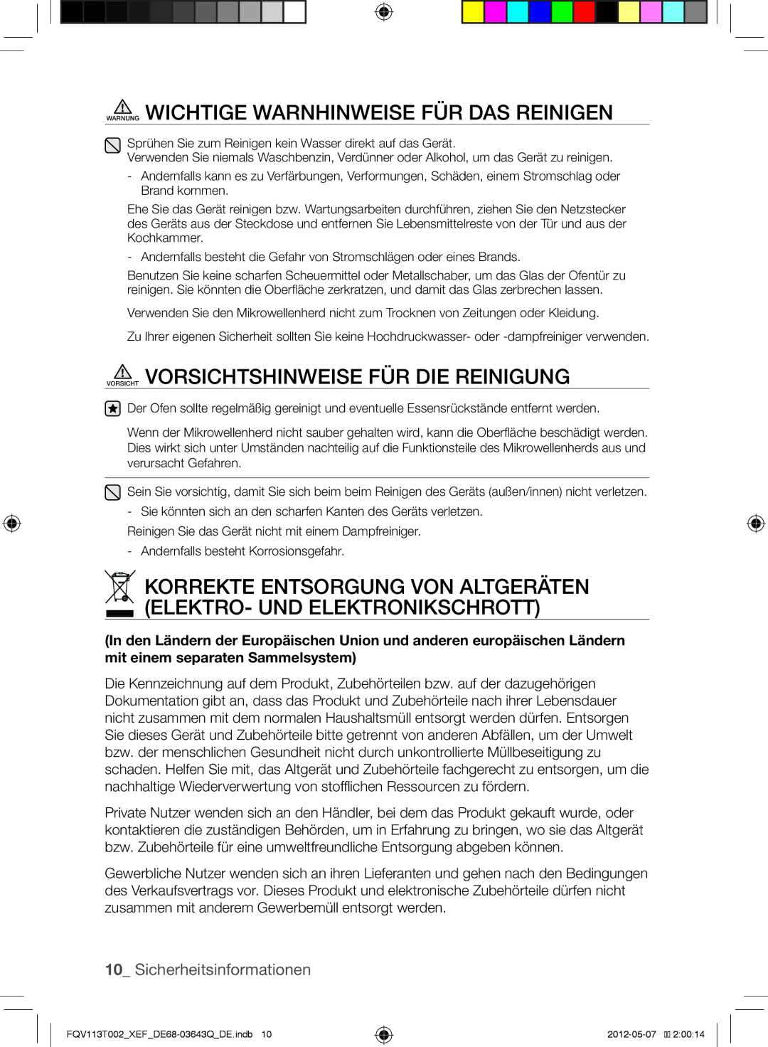 Samsung FQV113T002/XEF manual Warnung Wichtige Warnhinweise für das Reinigen, Vorsicht Vorsichtshinweise für die Reinigung 