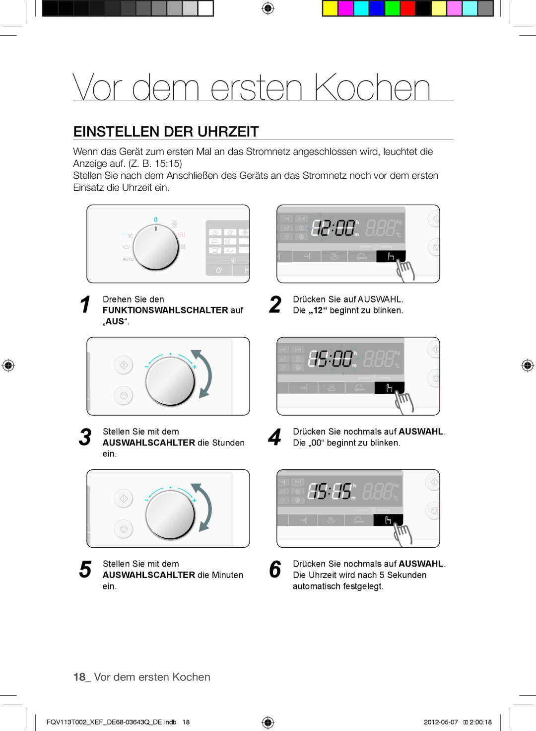 Samsung FQV113T002/XEF manual Vor dem ersten Kochen, Einstellen der Uhrzeit 