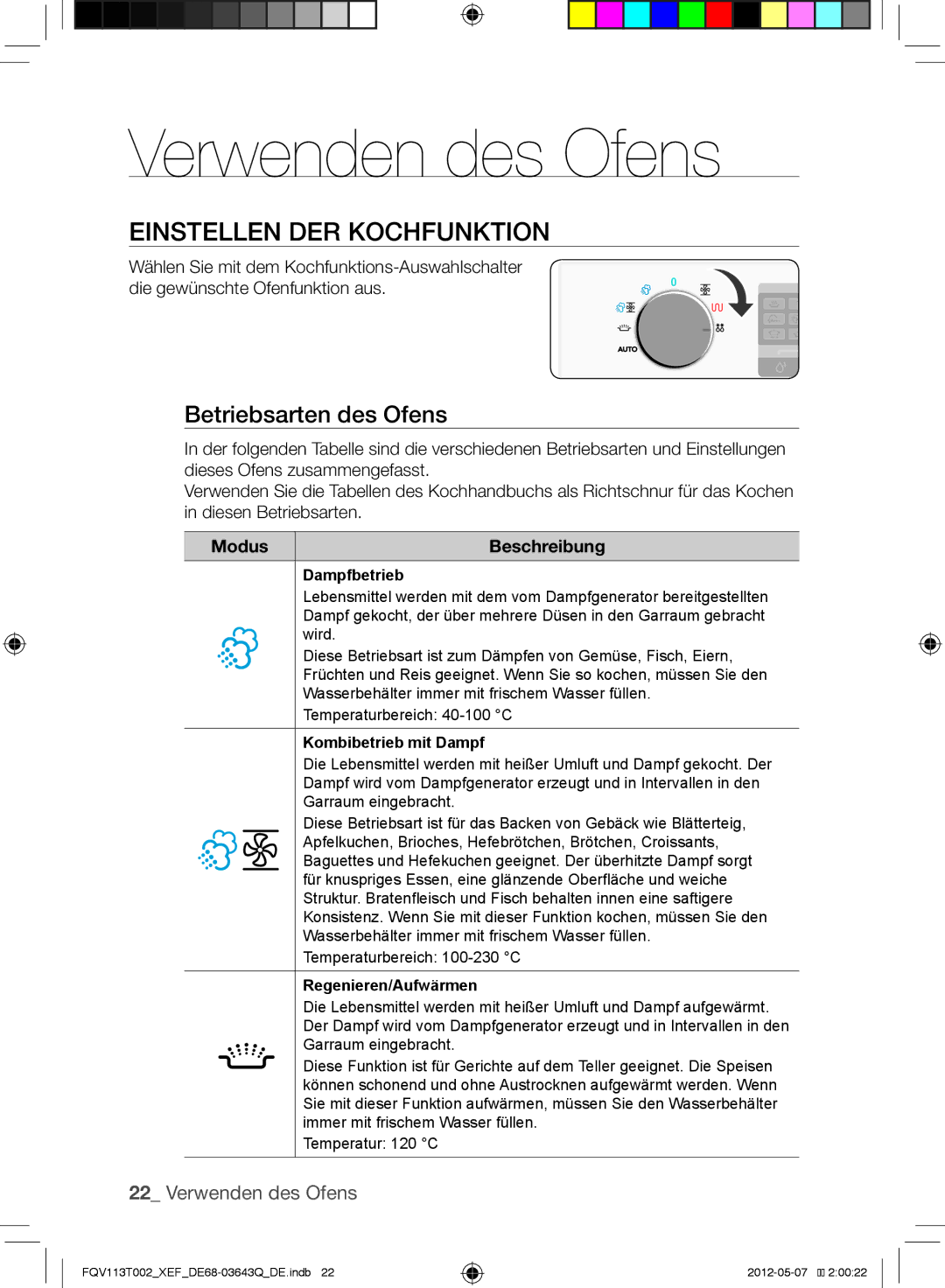 Samsung FQV113T002/XEF manual Verwenden des Ofens, Einstellen der Kochfunktion, Betriebsarten des Ofens, Modus Beschreibung 