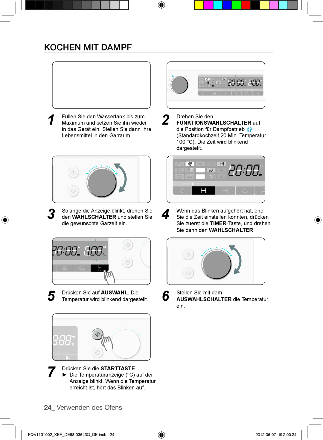 Samsung FQV113T002/XEF manual Kochen mit Dampf, Funktionswahlschalter auf 