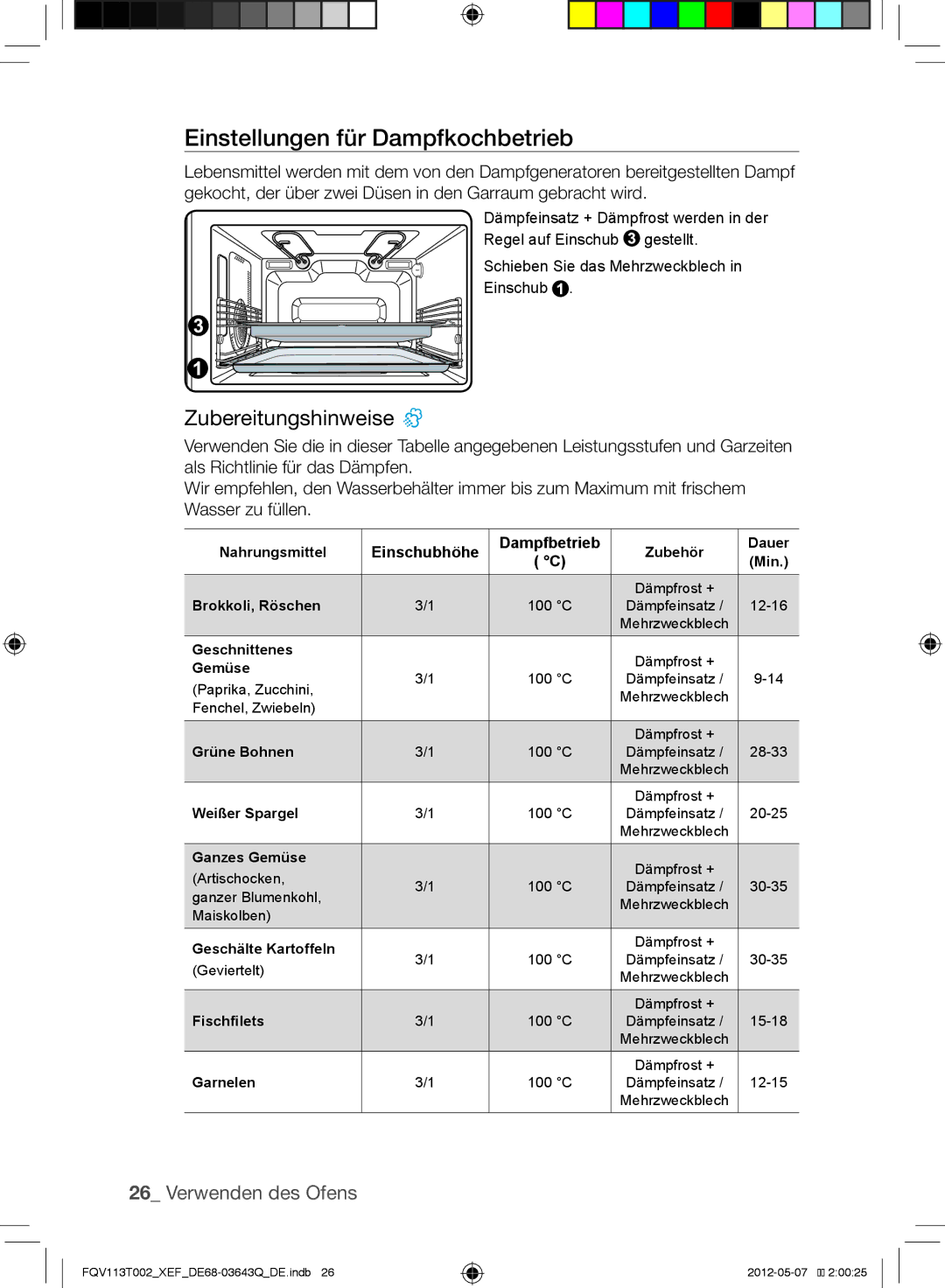 Samsung FQV113T002/XEF manual Einstellungen für Dampfkochbetrieb, Einschubhöhe Dampfbetrieb 