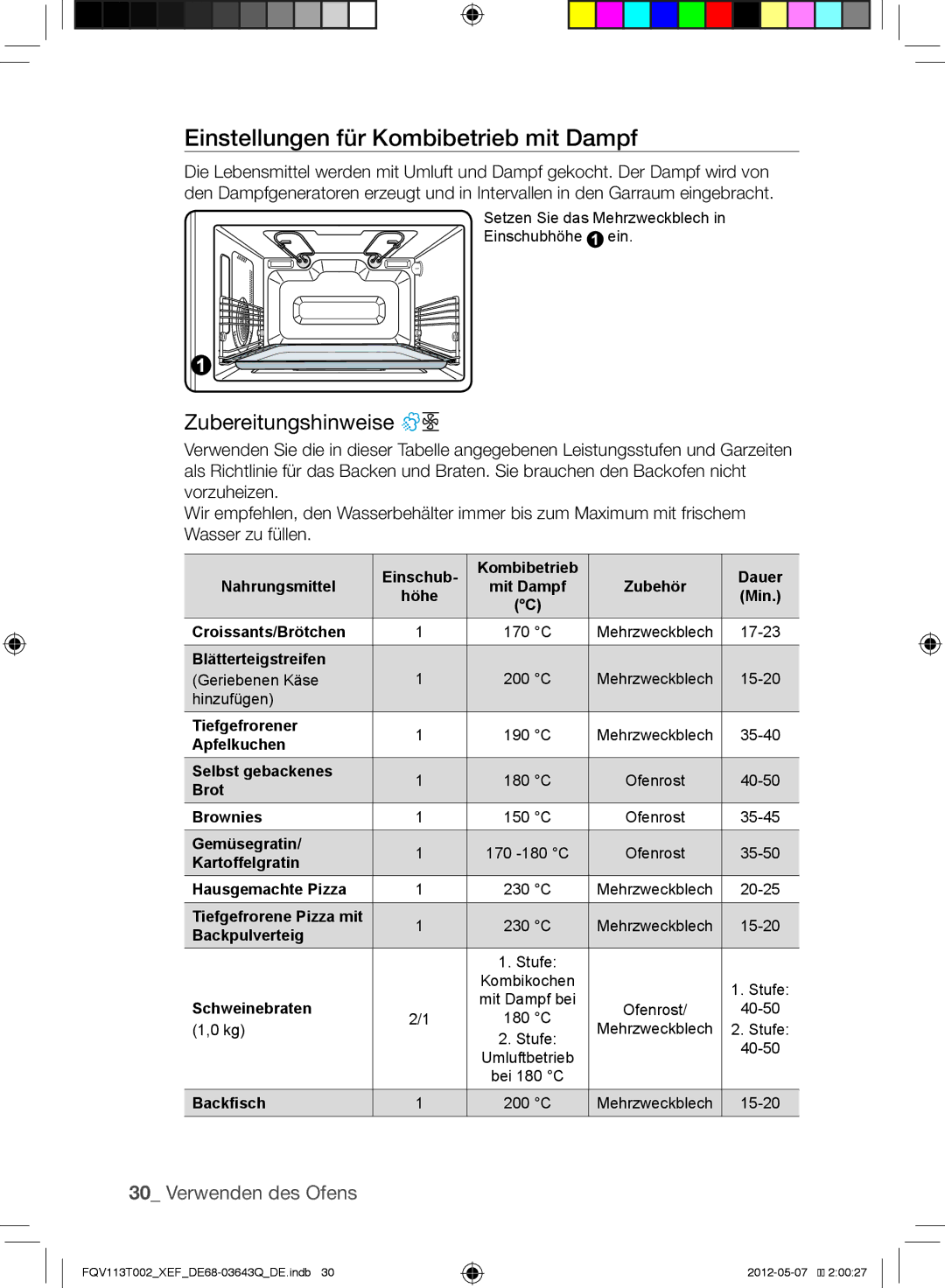 Samsung FQV113T002/XEF manual Einstellungen für Kombibetrieb mit Dampf 