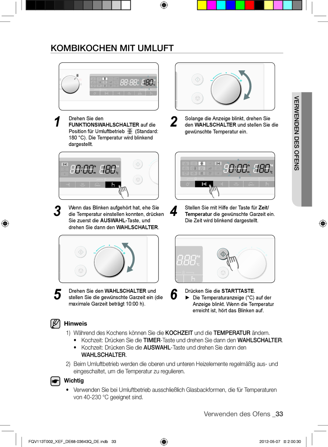 Samsung FQV113T002/XEF manual Kombikochen mit Umluft, Funktionswahlschalter auf die 