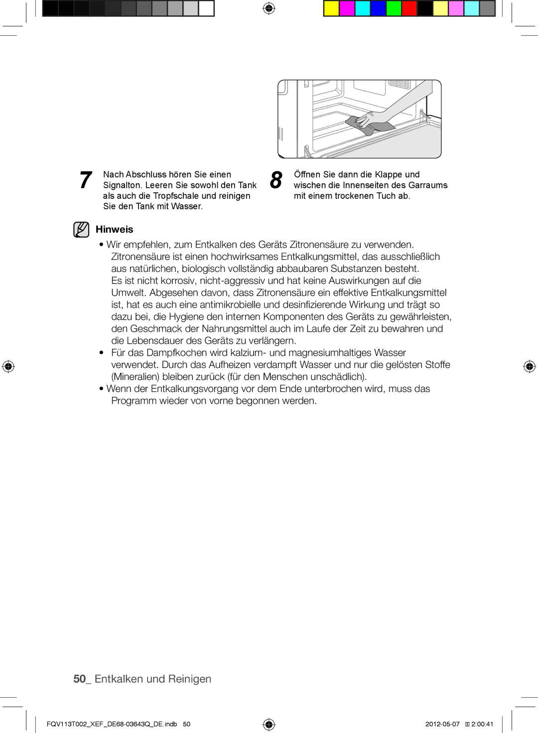 Samsung FQV113T002/XEF manual Wischen die Innenseiten des Garraums 