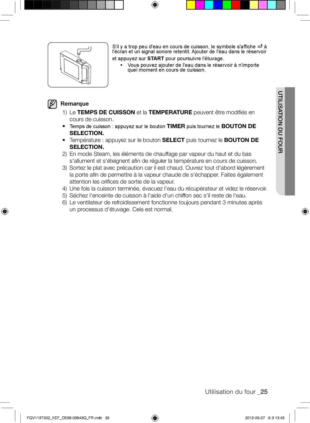 Samsung FQV113T002/XEF manual Remarque, Selection 